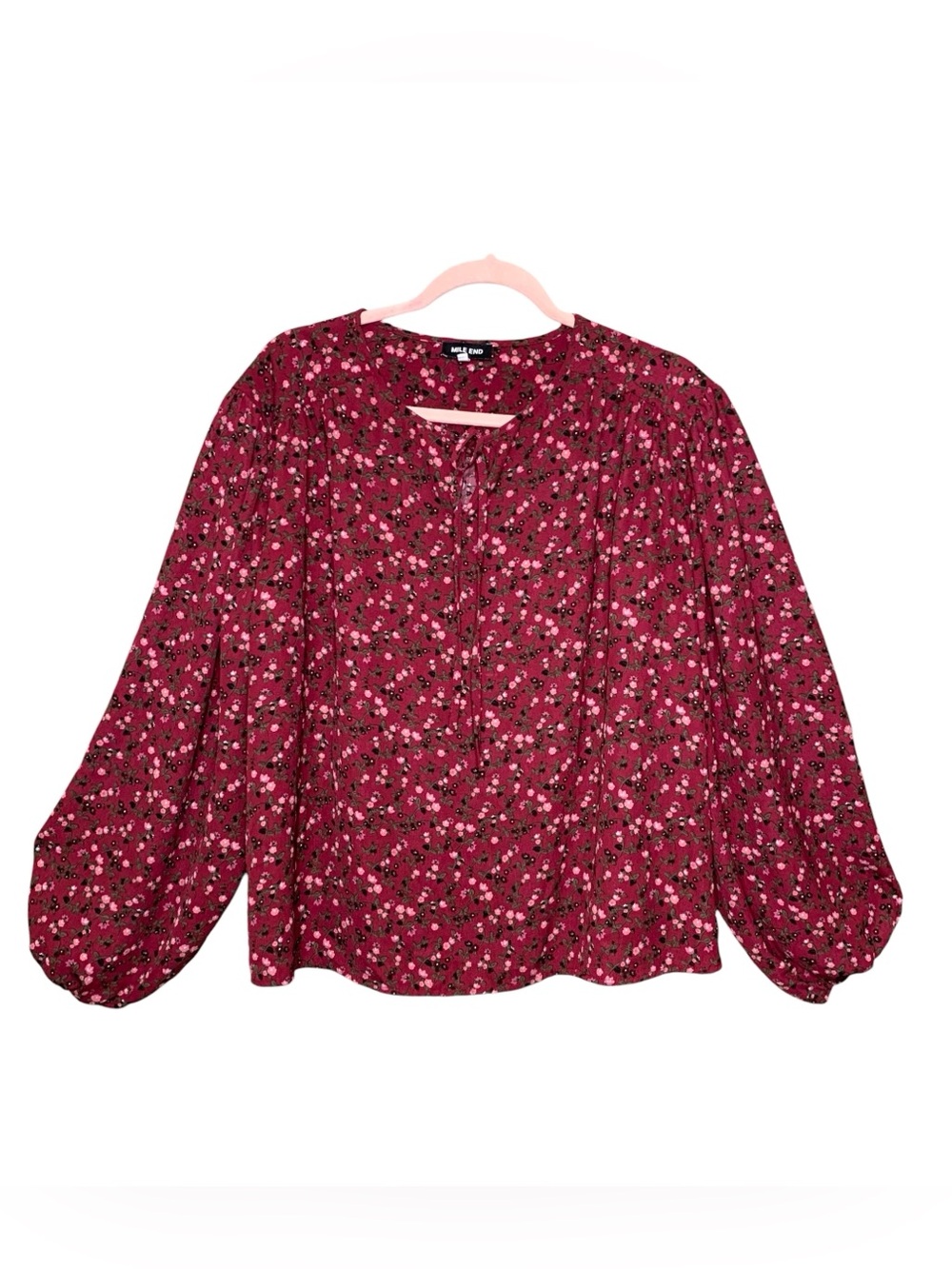 Burgundy Floral Blouse Long Balloon-Sleeve Sz L Oversized Feminine Bohemian Top